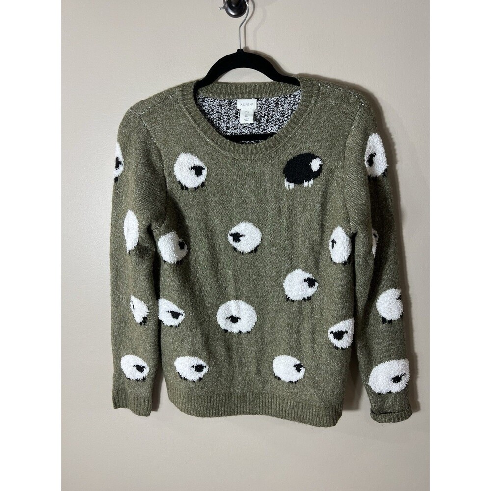 ASPEN Women's S Green Sheep Animal Print Knit Crew Neck Long Sleeve Pullover